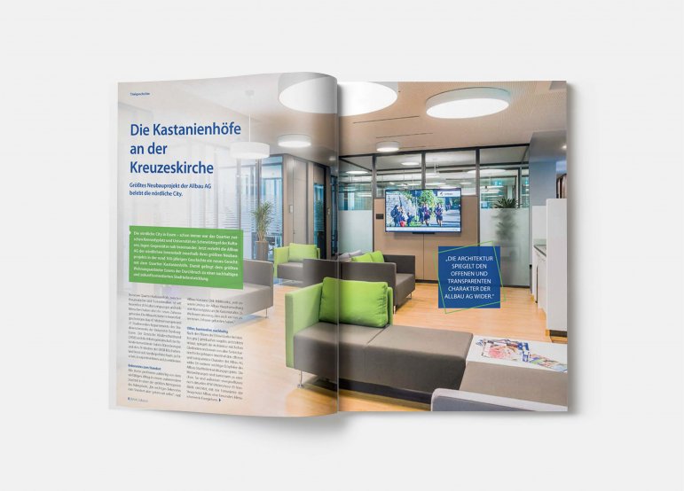 Titelgeschichte über die Kastanienhöfe an der Essener Kreuzeskirche: Mietermagazin der Allbau GmbH „Mein Zuhause“, 2016